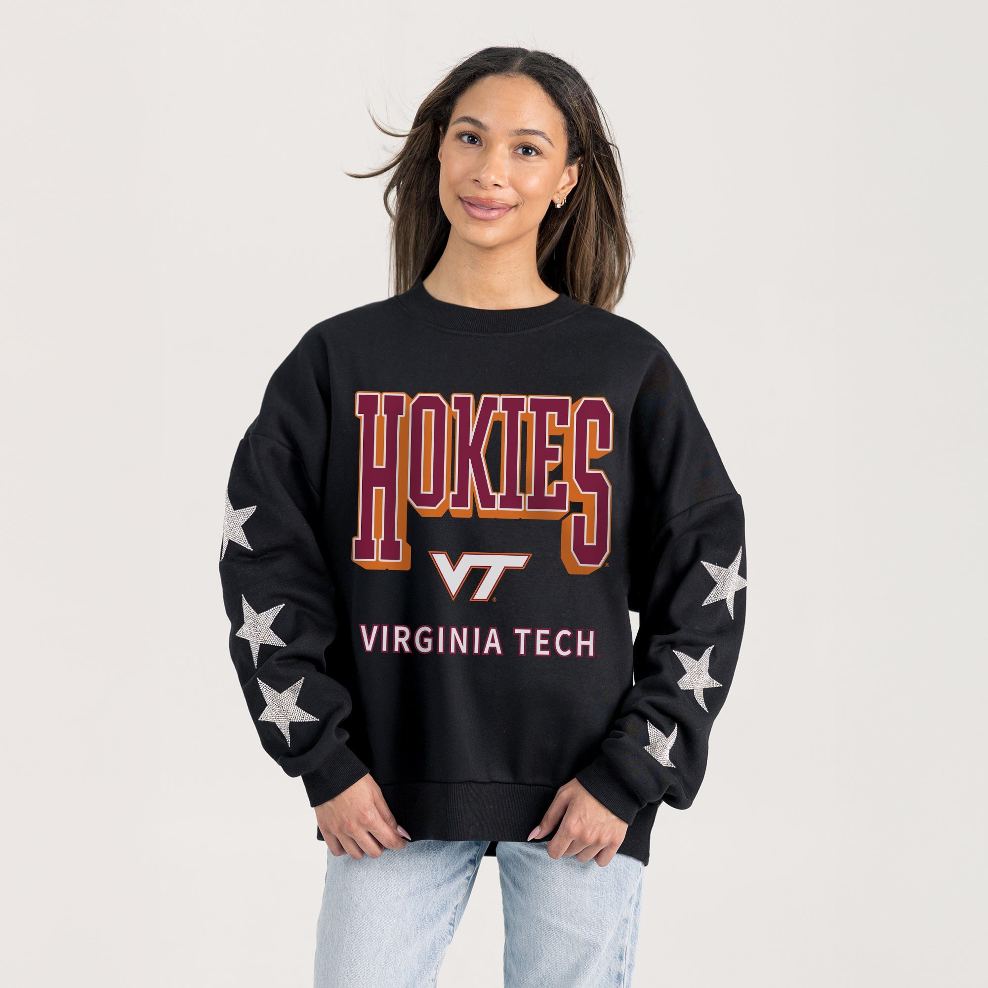 VIRGINIA TECH HOKIES PURE VICTORY EMBELLISHED STAR SLEEVE CREWNECK PULLOVER