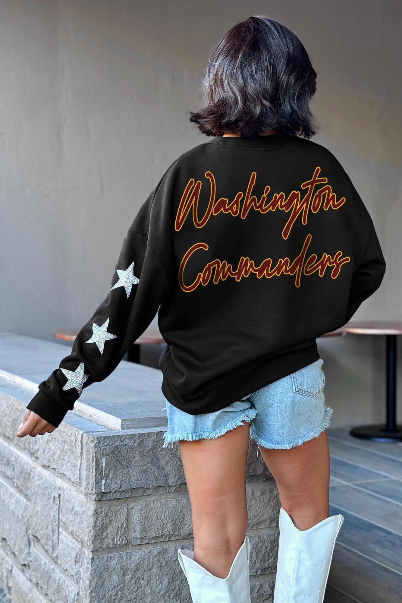 WASHINGTON COMMANDERS RADIANT ENERGY EMBELLISHED STAR SLEEVE CREWNECK PULLOVER