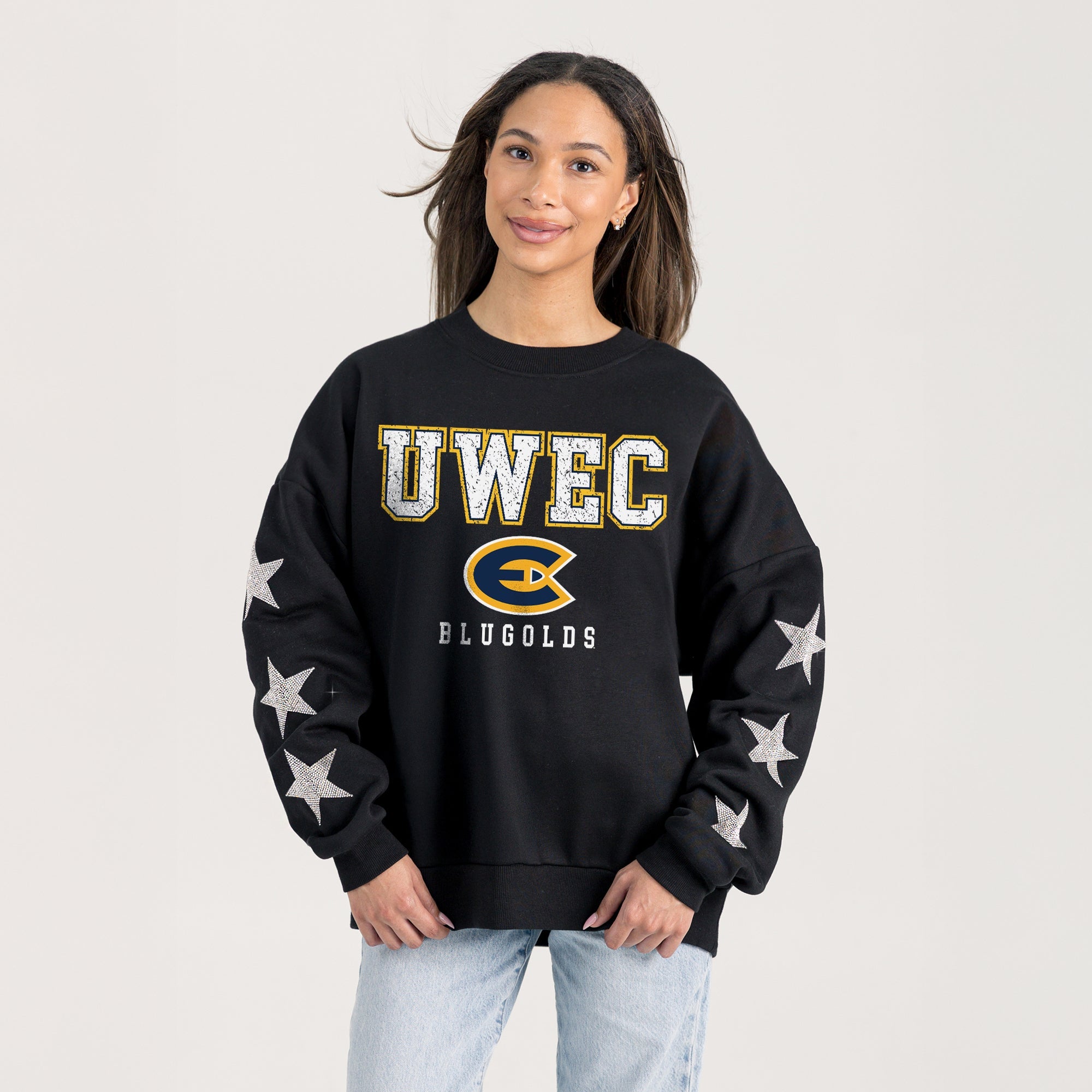 WISCONSIN-EAU CLAIRE BLUGOLDS VELOCITY STAR EMBELLISHED CREW SWEATSHIRT