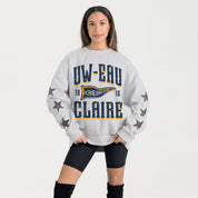 WISCONSIN-EAU CLAIRE BLUGOLDS PENNANT PRIDE EMBELLISHED STAR SLEEVE CREWNECK PULLOVER