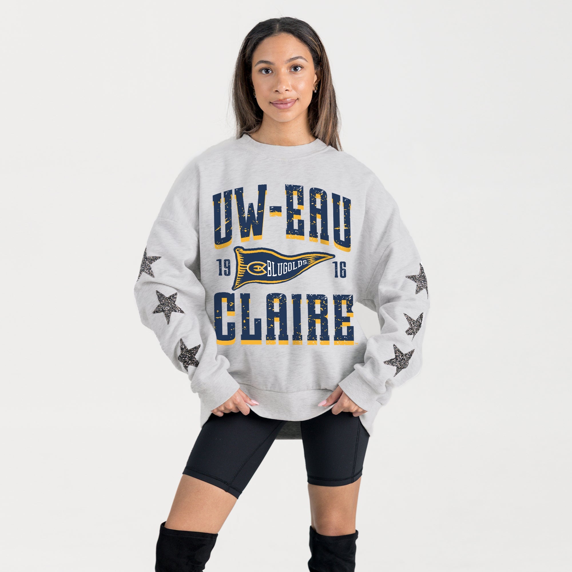 WISCONSIN-EAU CLAIRE BLUGOLDS PENNANT PRIDE EMBELLISHED STAR SLEEVE CREWNECK PULLOVER