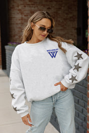 WELLESLEY BLUE DEDICATION EMBELLISHED STAR SLEEVE CREWNECK PULLOVER