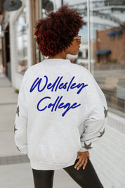 WELLESLEY BLUE DEDICATION EMBELLISHED STAR SLEEVE CREWNECK PULLOVER