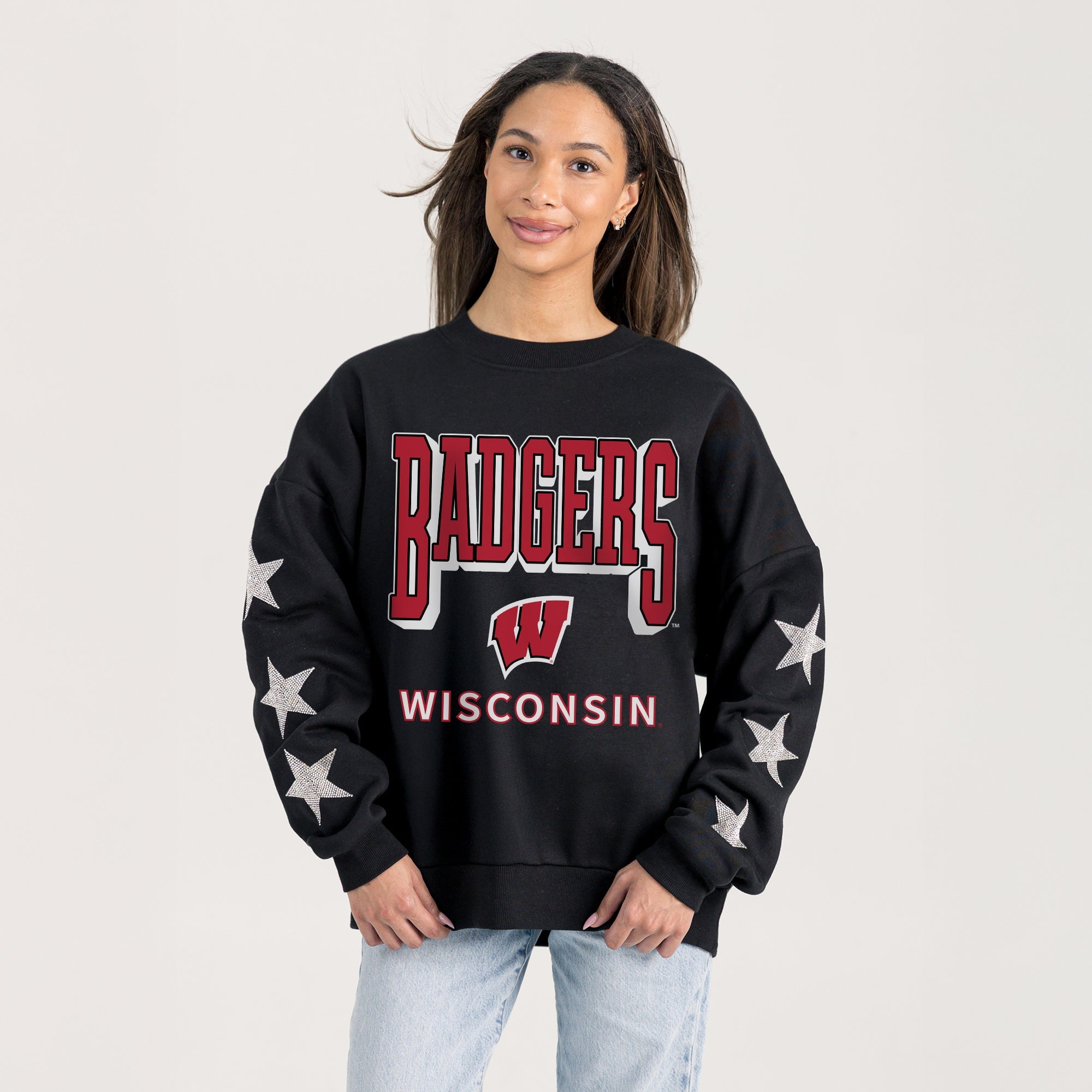 WISCONSIN BADGERS PURE VICTORY EMBELLISHED STAR SLEEVE CREWNECK PULLOVER