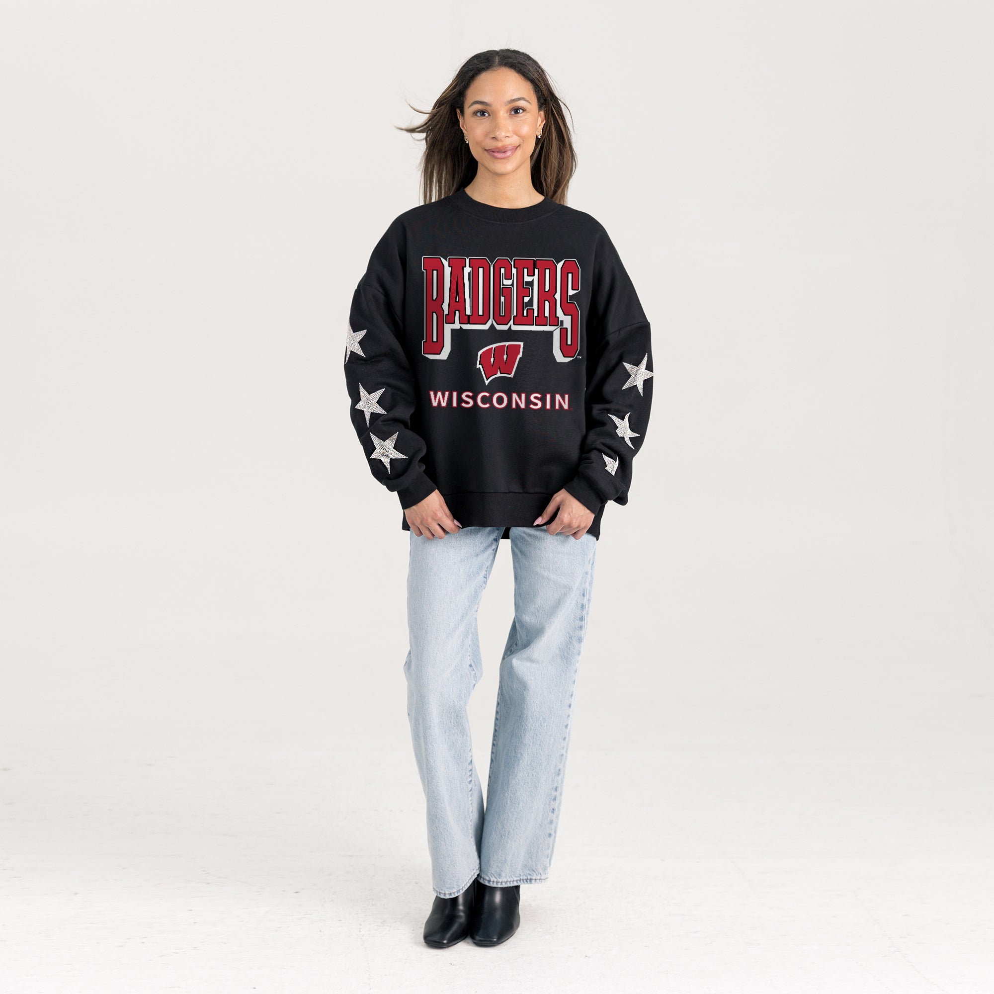 WISCONSIN BADGERS PURE VICTORY EMBELLISHED STAR SLEEVE CREWNECK PULLOVER