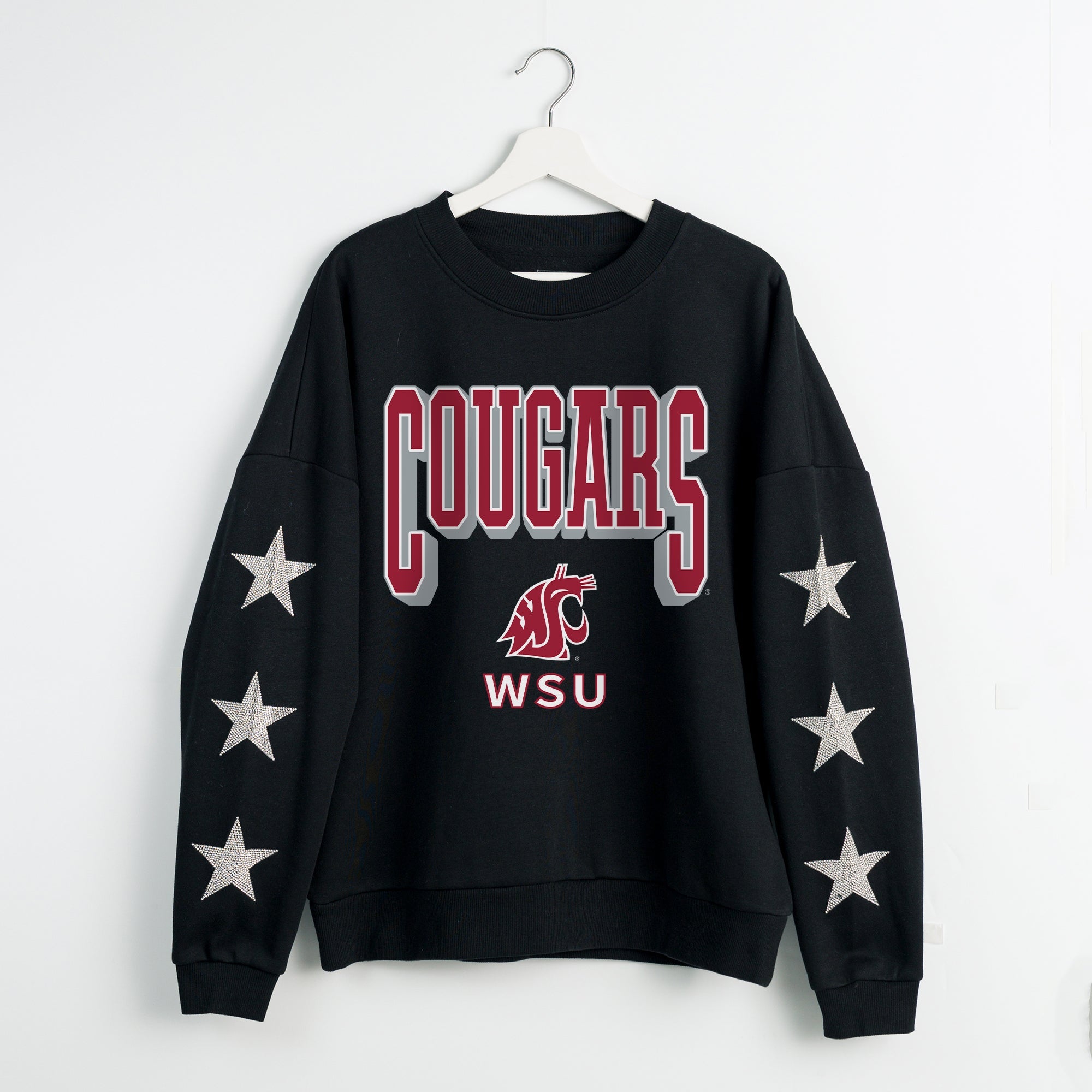 WASHINGTON STATE COUGARS PURE VICTORY EMBELLISHED STAR SLEEVE CREWNECK PULLOVER