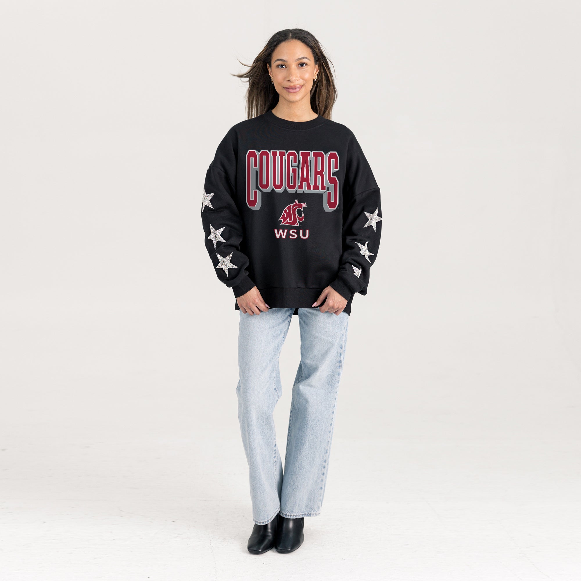 WASHINGTON STATE COUGARS PURE VICTORY EMBELLISHED STAR SLEEVE CREWNECK PULLOVER