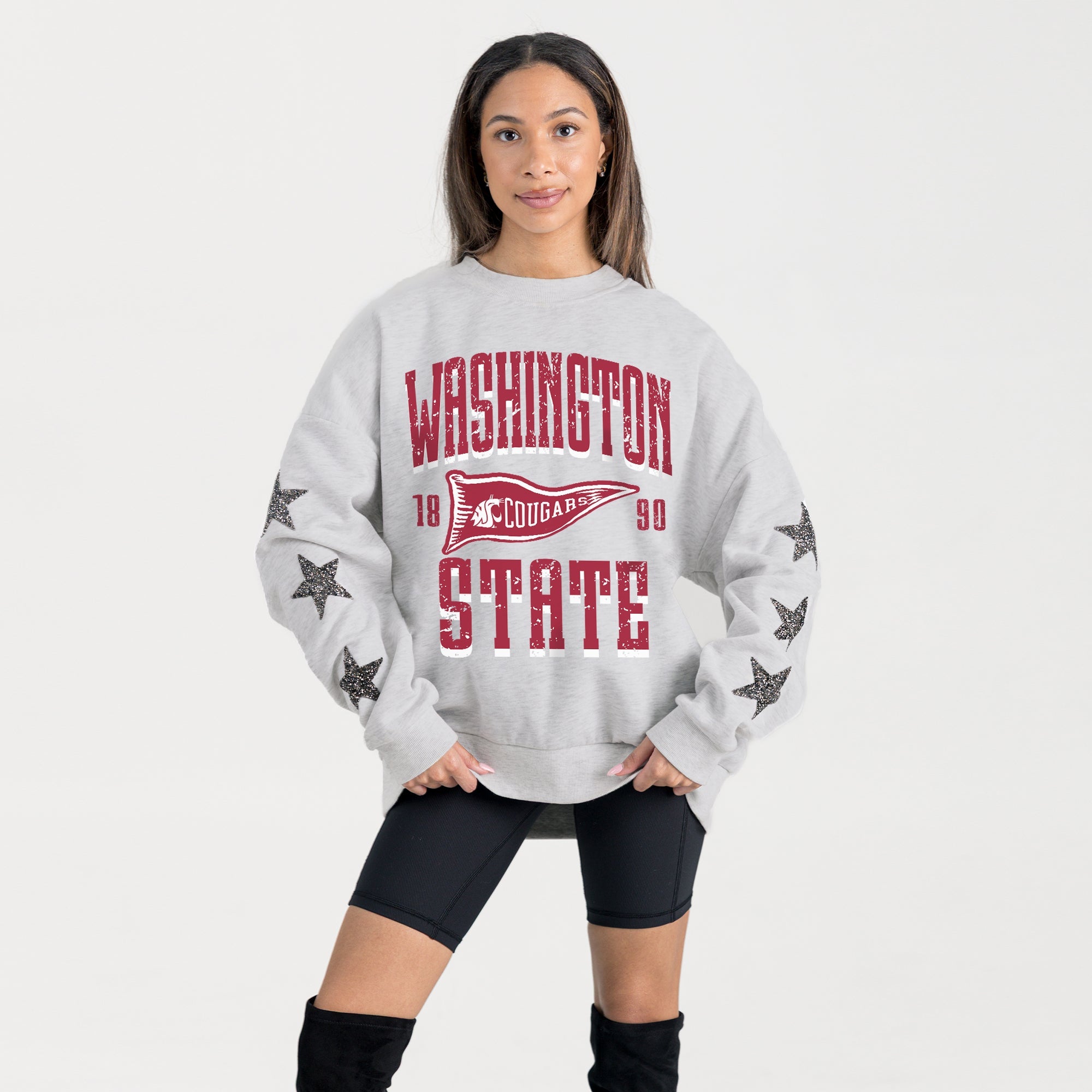 WASHINGTON STATE COUGARS PENNANT PRIDE EMBELLISHED STAR SLEEVE CREWNECK PULLOVER