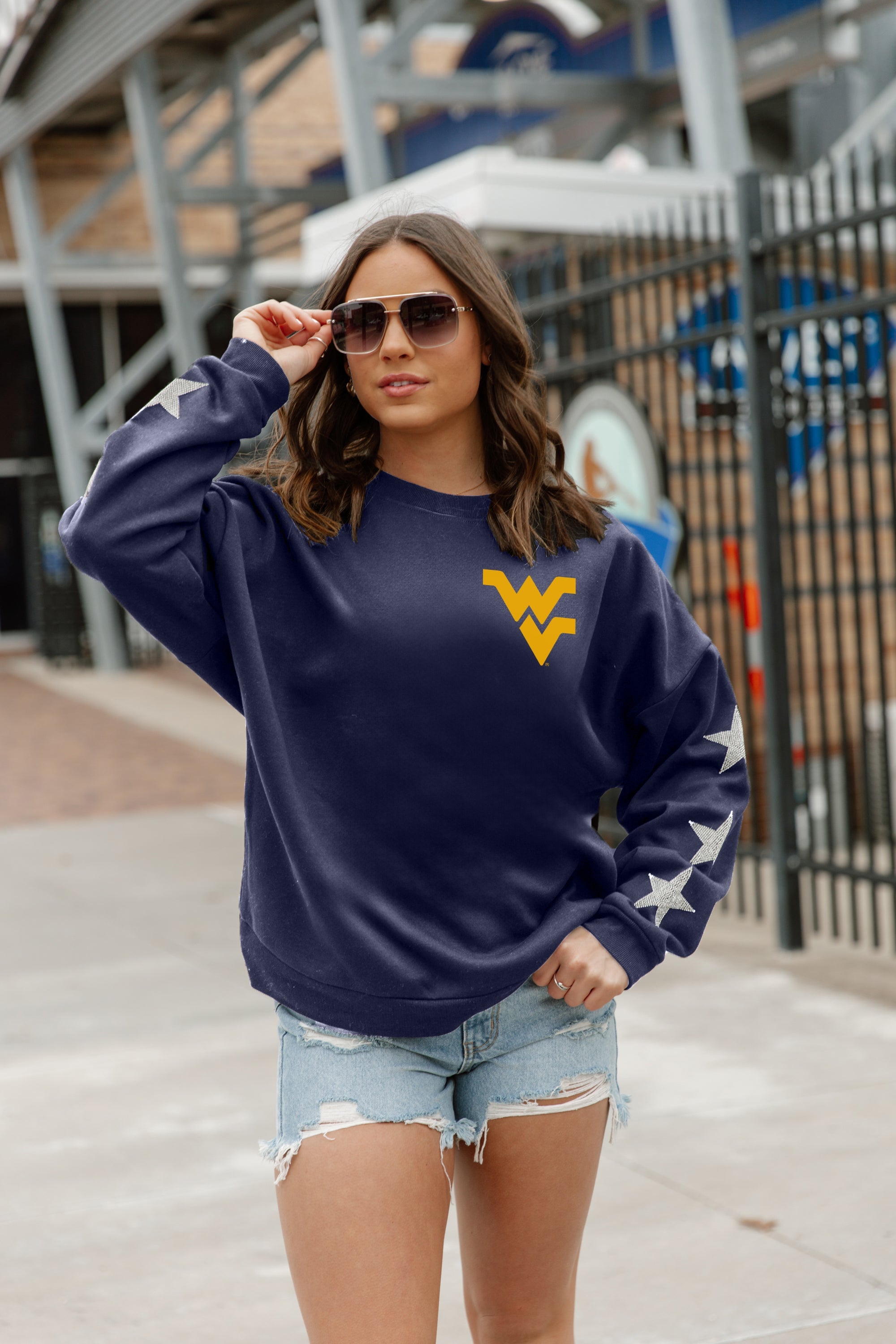 WEST VIRGINIA MOUNTAINEERS DEDICATION EMBELLISHED STAR SLEEVE CREWNECK PULLOVER