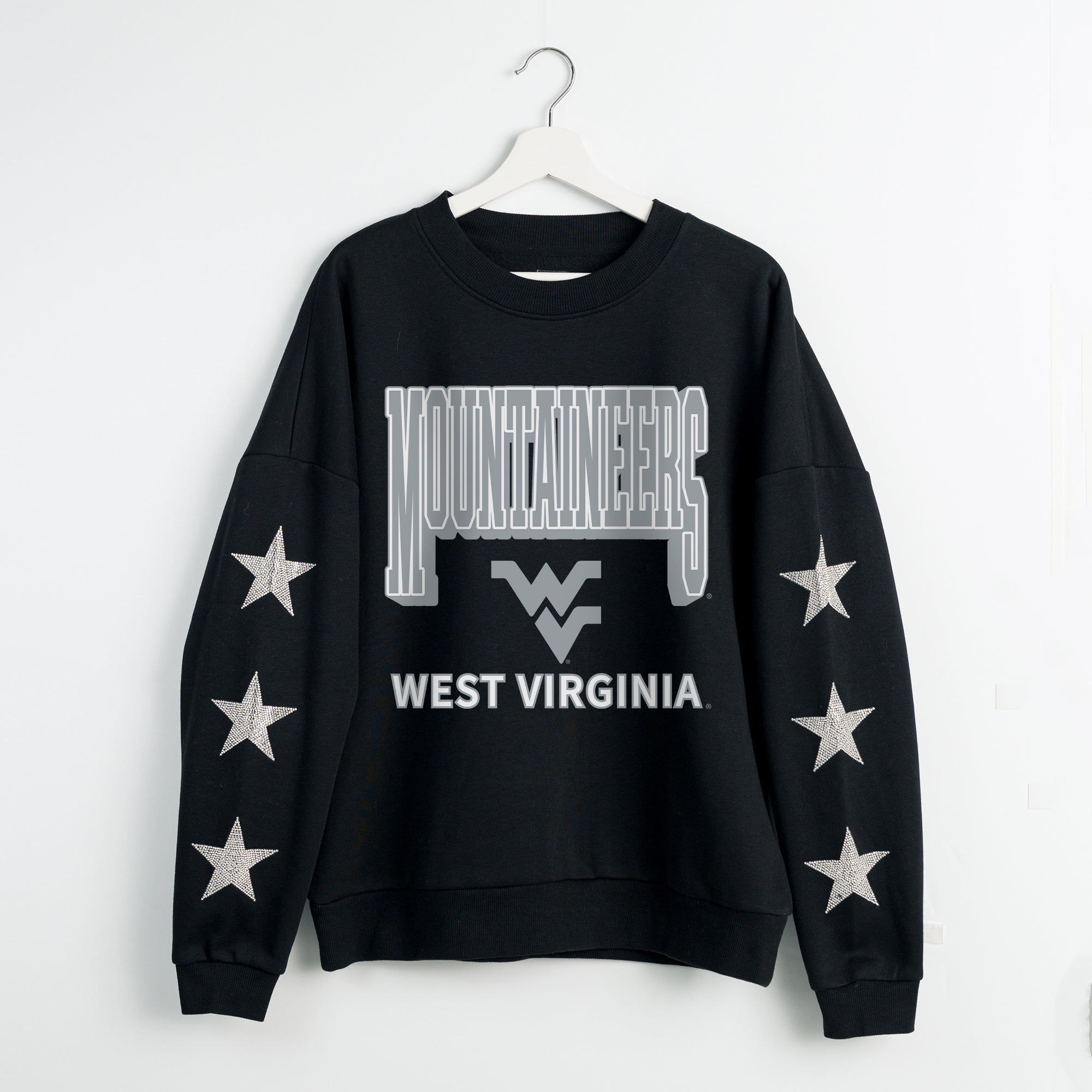 WEST VIRGINIA MOUNTAINEERS PURE VICTORY EMBELLISHED STAR SLEEVE CREWNECK PULLOVER