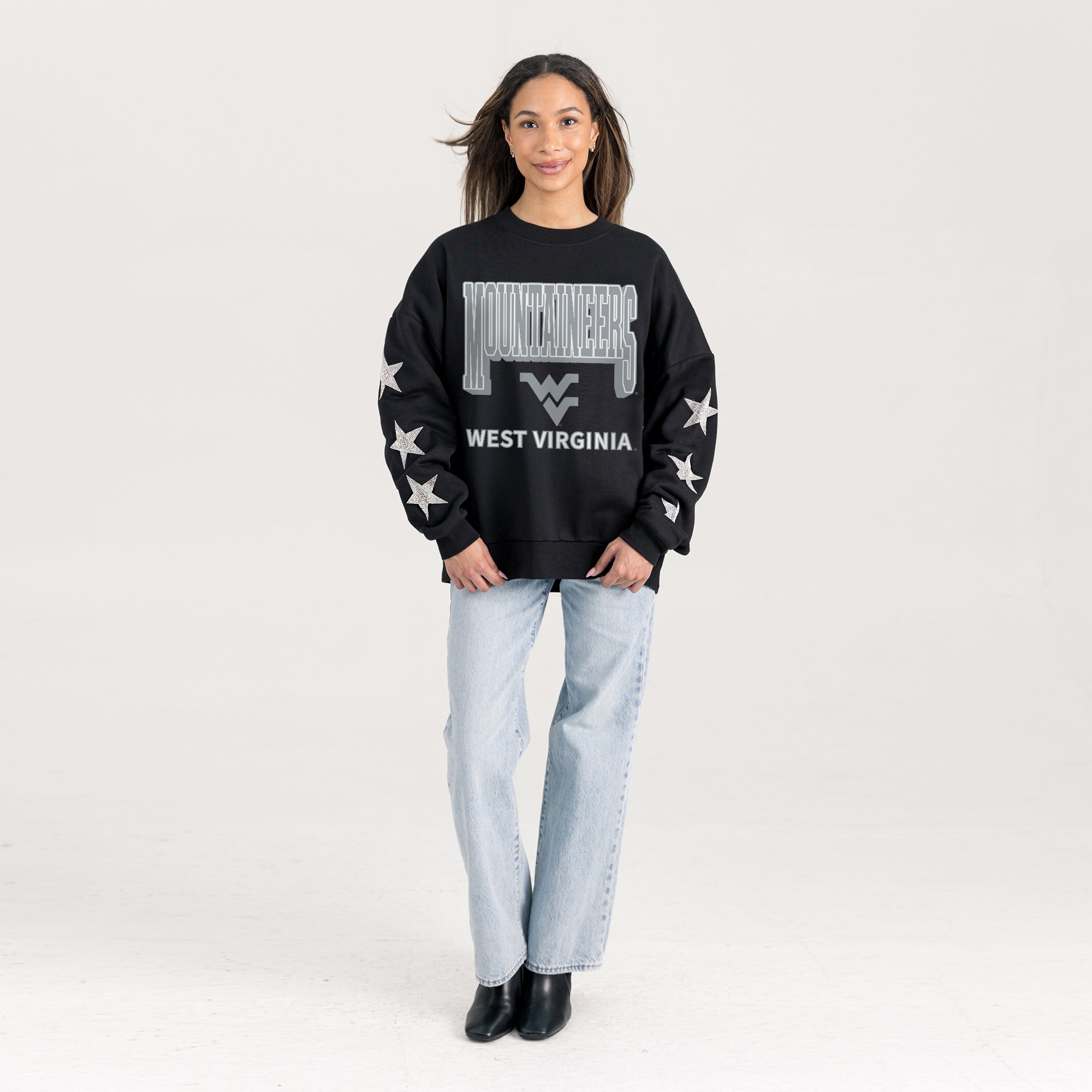 WEST VIRGINIA MOUNTAINEERS PURE VICTORY EMBELLISHED STAR SLEEVE CREWNECK PULLOVER