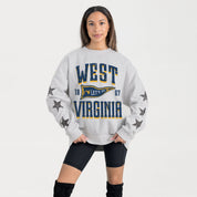 WEST VIRGINIA MOUNTAINEERS PENNANT PRIDE EMBELLISHED STAR SLEEVE CREWNECK PULLOVER