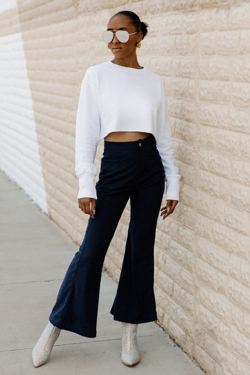 fitted lace wedding dress FRNCH Cream Multi Stripe Cropped Flare Pants at Maria Vincent Boutique