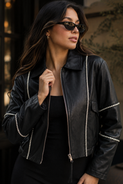 IMANI FAUX LEATHER STUDDED BOMBER JACKET