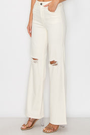 CLAIRE DISTRESSED WIDE LEG JEANS - IVORY