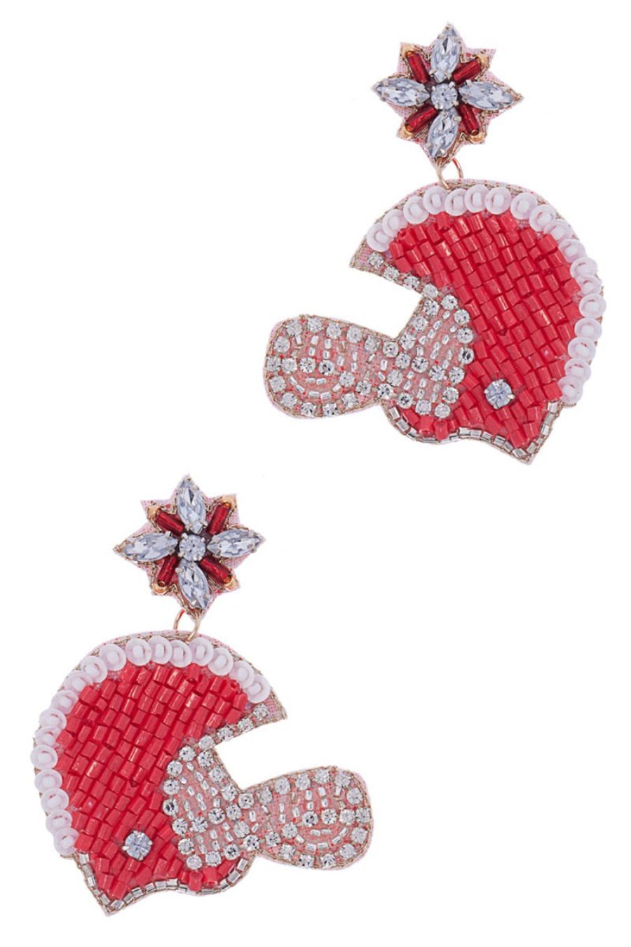 REFUSE TO LOSE BEADED FOOTBALL HELMET EARRINGS IN RED AND WHITE