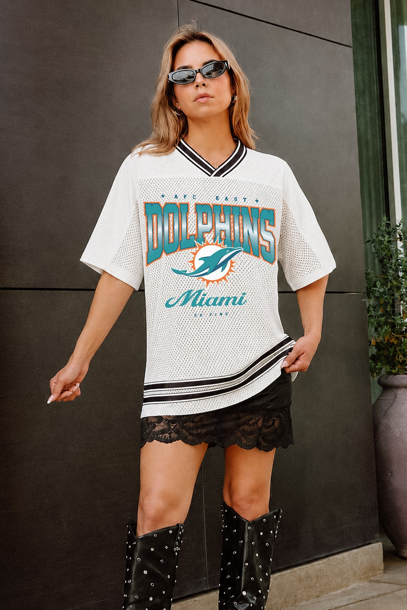 MIAMI DOLPHINS SQUAD MENTALITY OVERSIZED MESH FASHION TOP