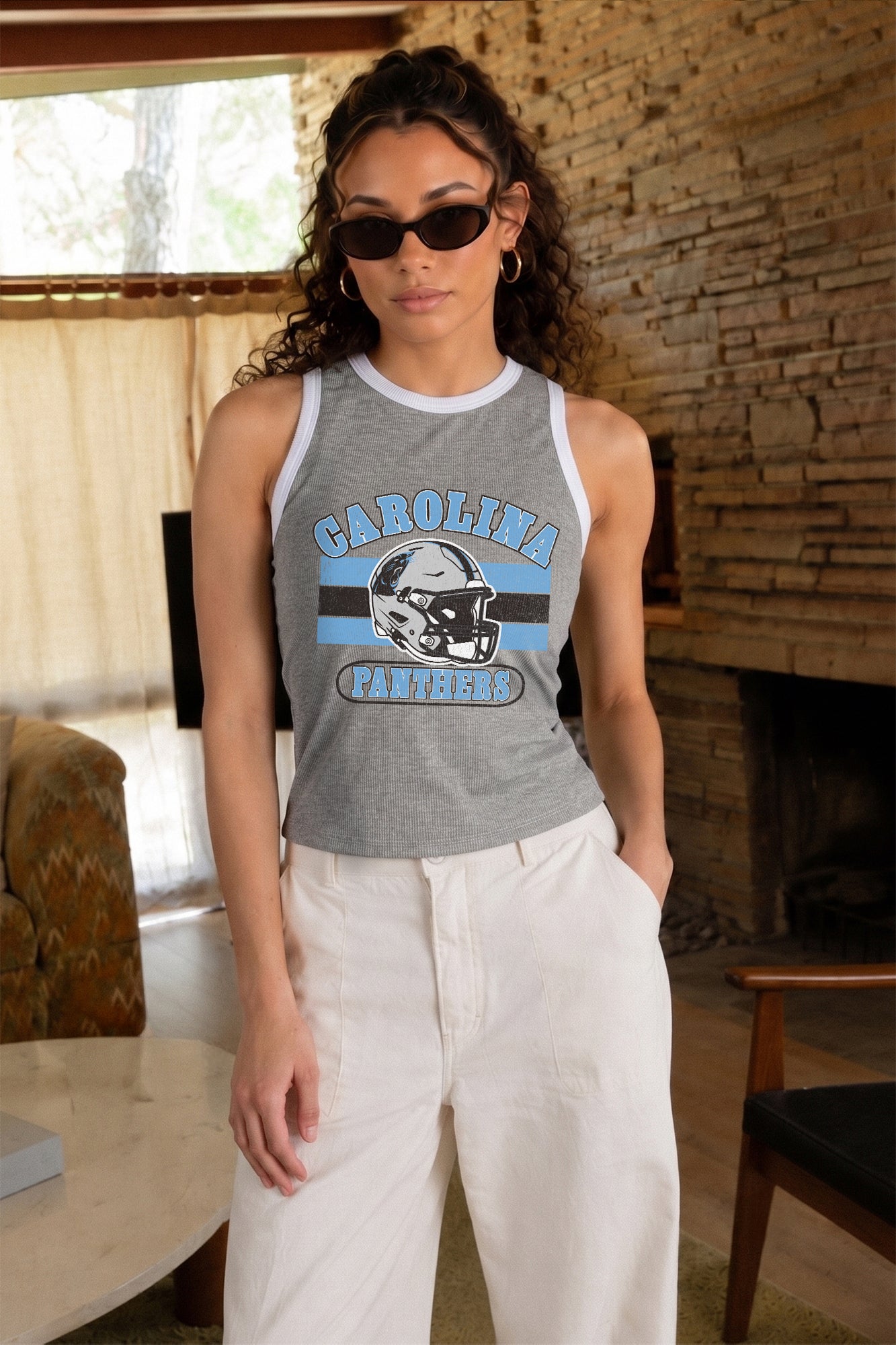 CAROLINA PANTHERS VICTORY CLUB CONTRAST TRIM FITTED CROP TANK TOP