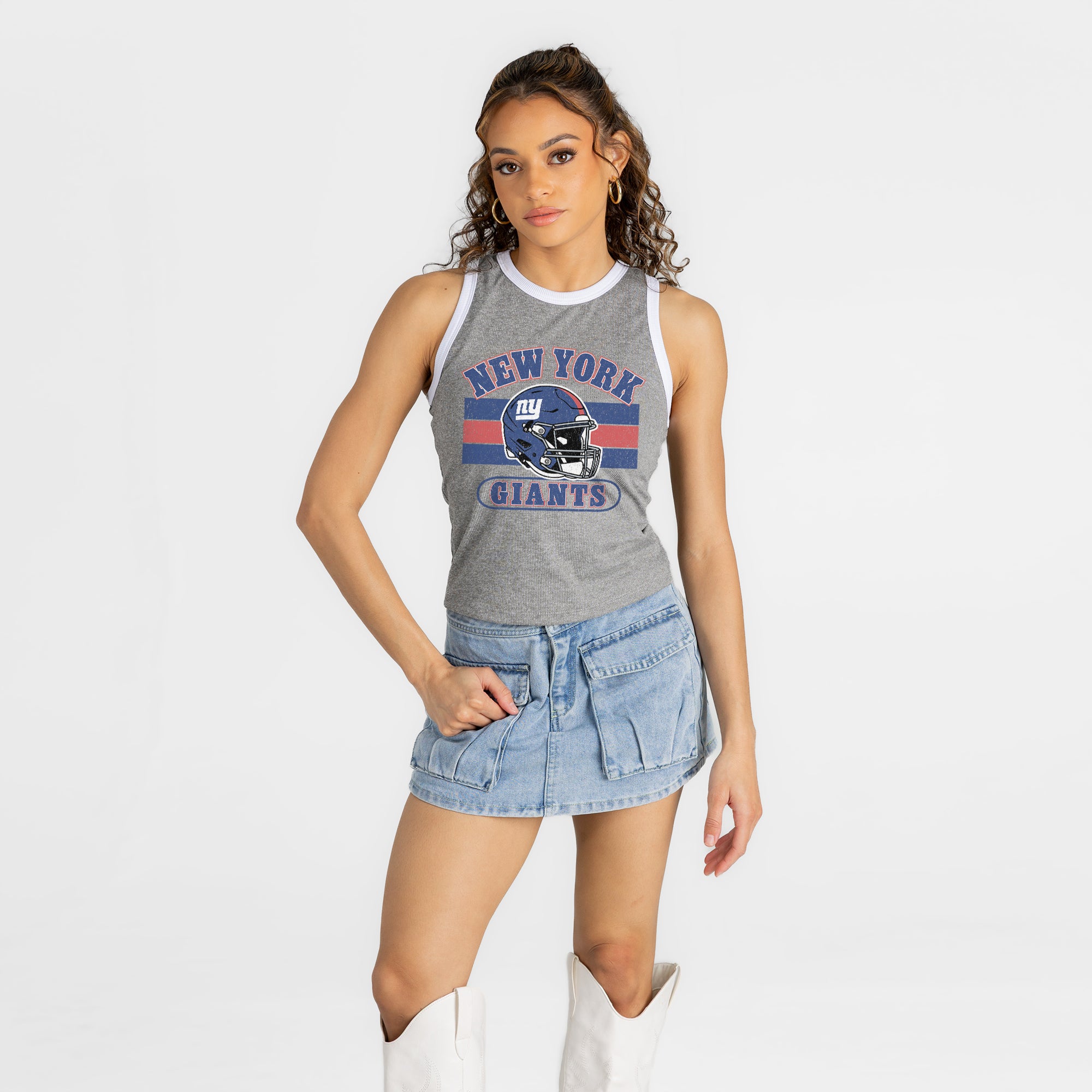 NEW YORK GIANTS VICTORY CLUB CONTRAST TRIM FITTED CROP TANK TOP
