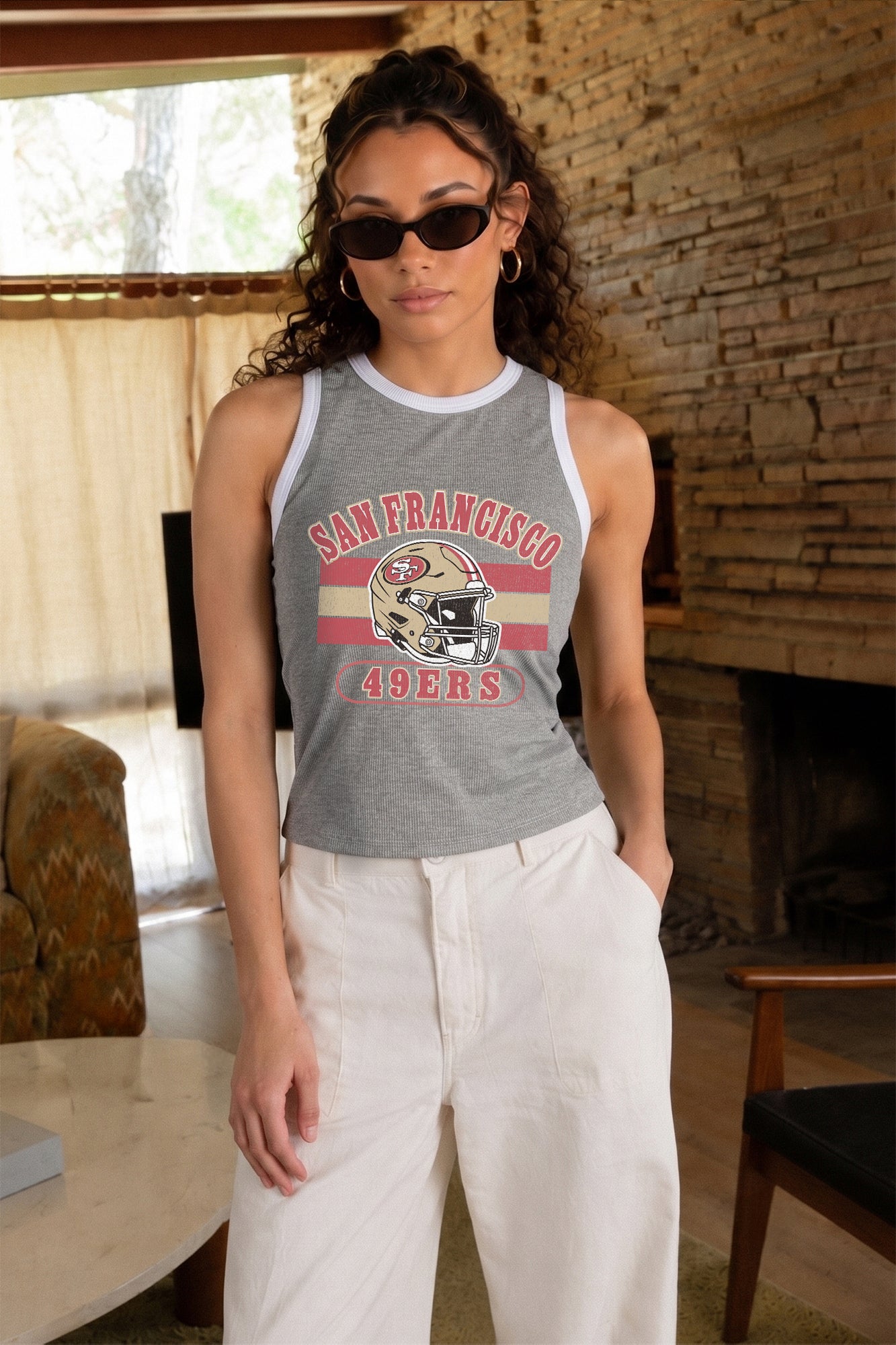 SAN FRANCISCO 49ERS VICTORY CLUB CONTRAST TRIM FITTED CROP TANK TOP
