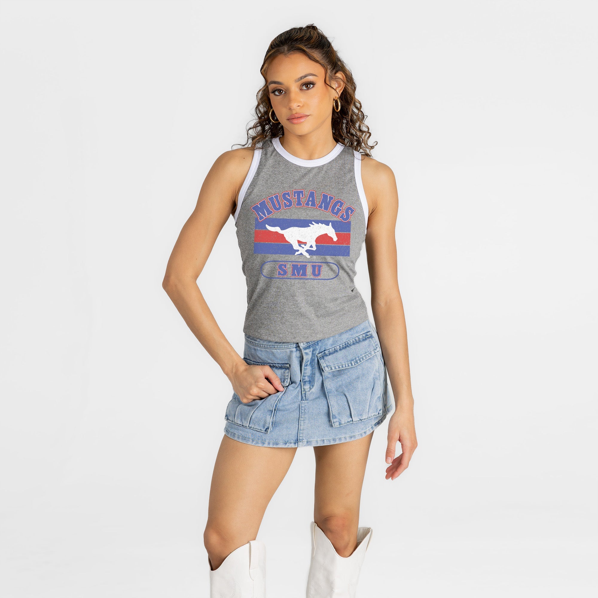 SMU MUSTANGS VICTORY CLUB CONTRAST TRIM FITTED TANK TOP