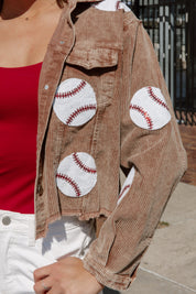 PITCH PERFECT EMBELLISHED BASEBALL CORDED JACKET IN BROWN