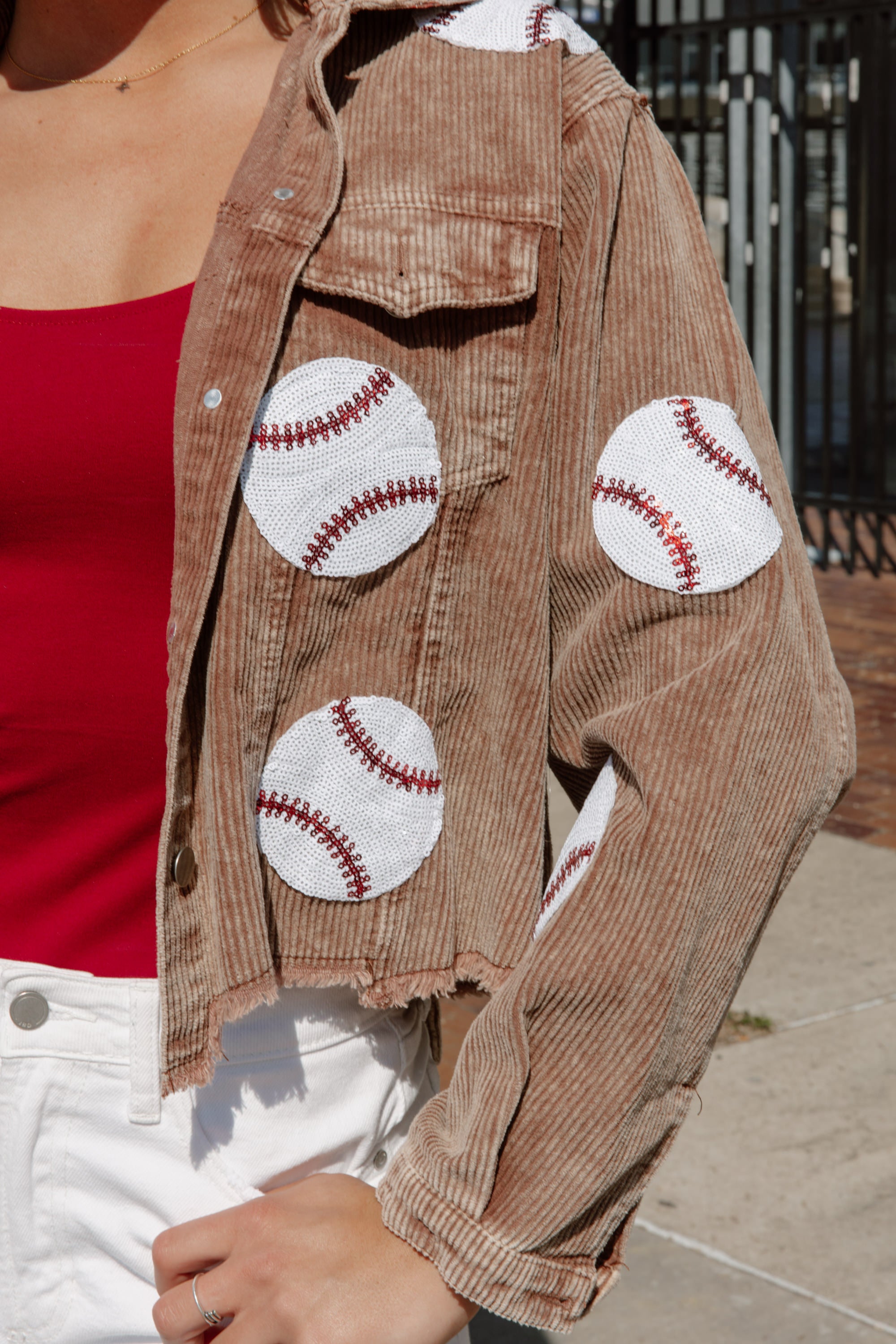 PITCH PERFECT EMBELLISHED BASEBALL CORDED JACKET IN BROWN