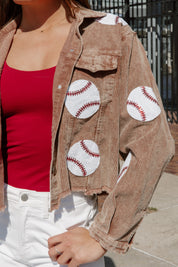 PITCH PERFECT EMBELLISHED BASEBALL CORDED JACKET IN BROWN