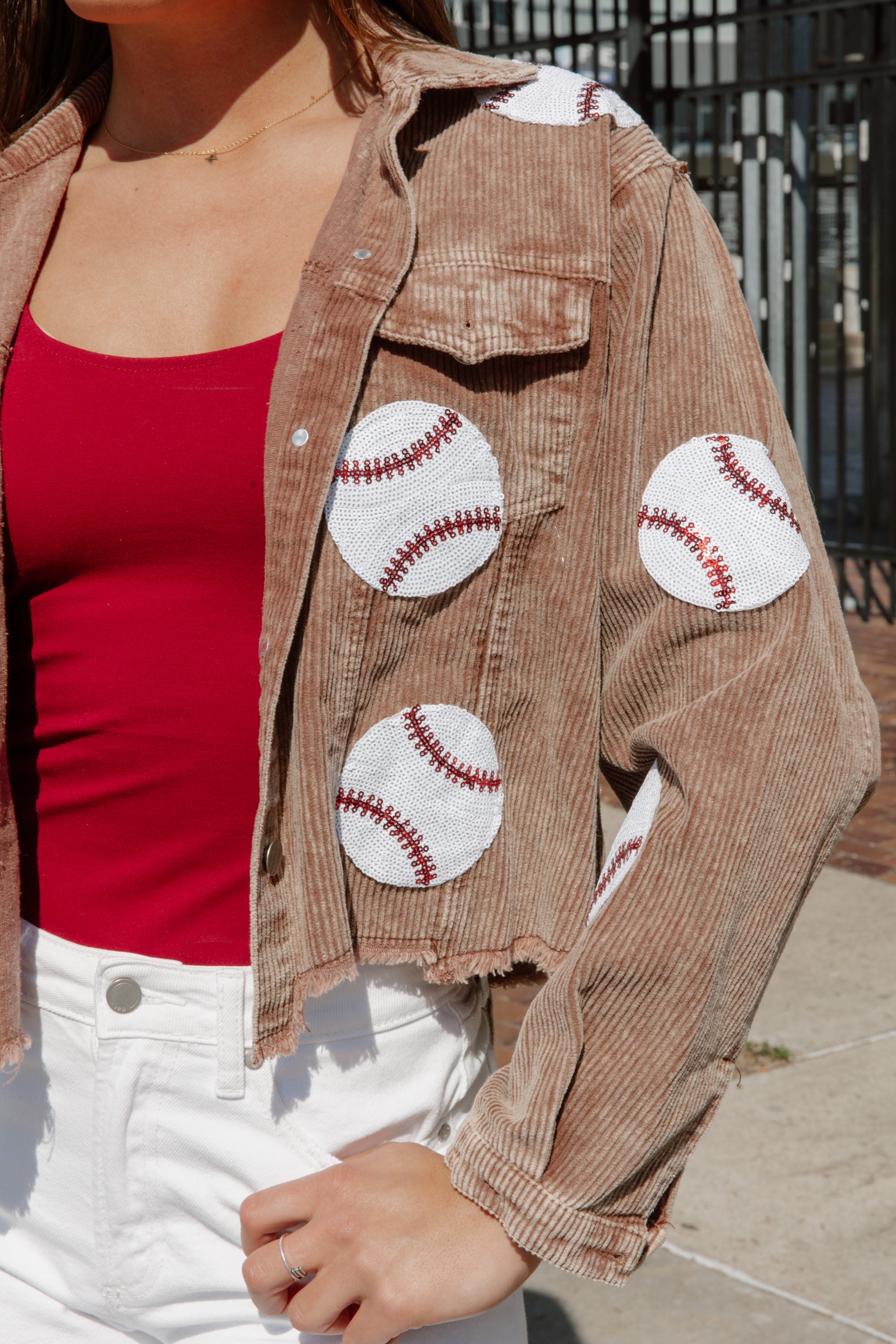 PITCH PERFECT EMBELLISHED BASEBALL CORDED JACKET IN BROWN
