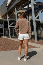 PITCH PERFECT EMBELLISHED BASEBALL CORDED JACKET IN BROWN