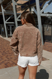 PITCH PERFECT EMBELLISHED BASEBALL CORDED JACKET IN BROWN