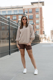 READY FOR ANYTHING STRIPE SWEATER IN TAUPE