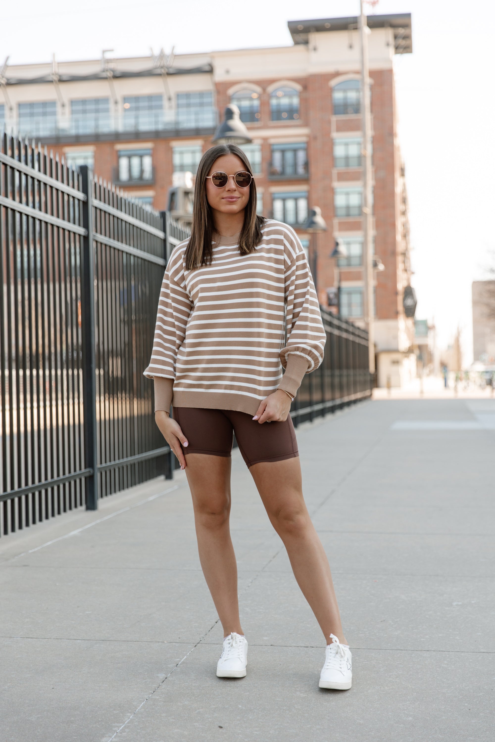 READY FOR ANYTHING STRIPE SWEATER IN TAUPE