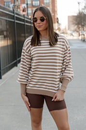 READY FOR ANYTHING STRIPE SWEATER IN TAUPE