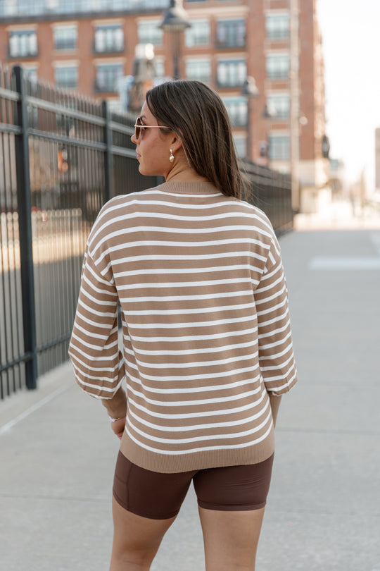 READY FOR ANYTHING STRIPE SWEATER IN TAUPE