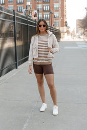 READY FOR ANYTHING STRIPE SWEATER IN TAUPE
