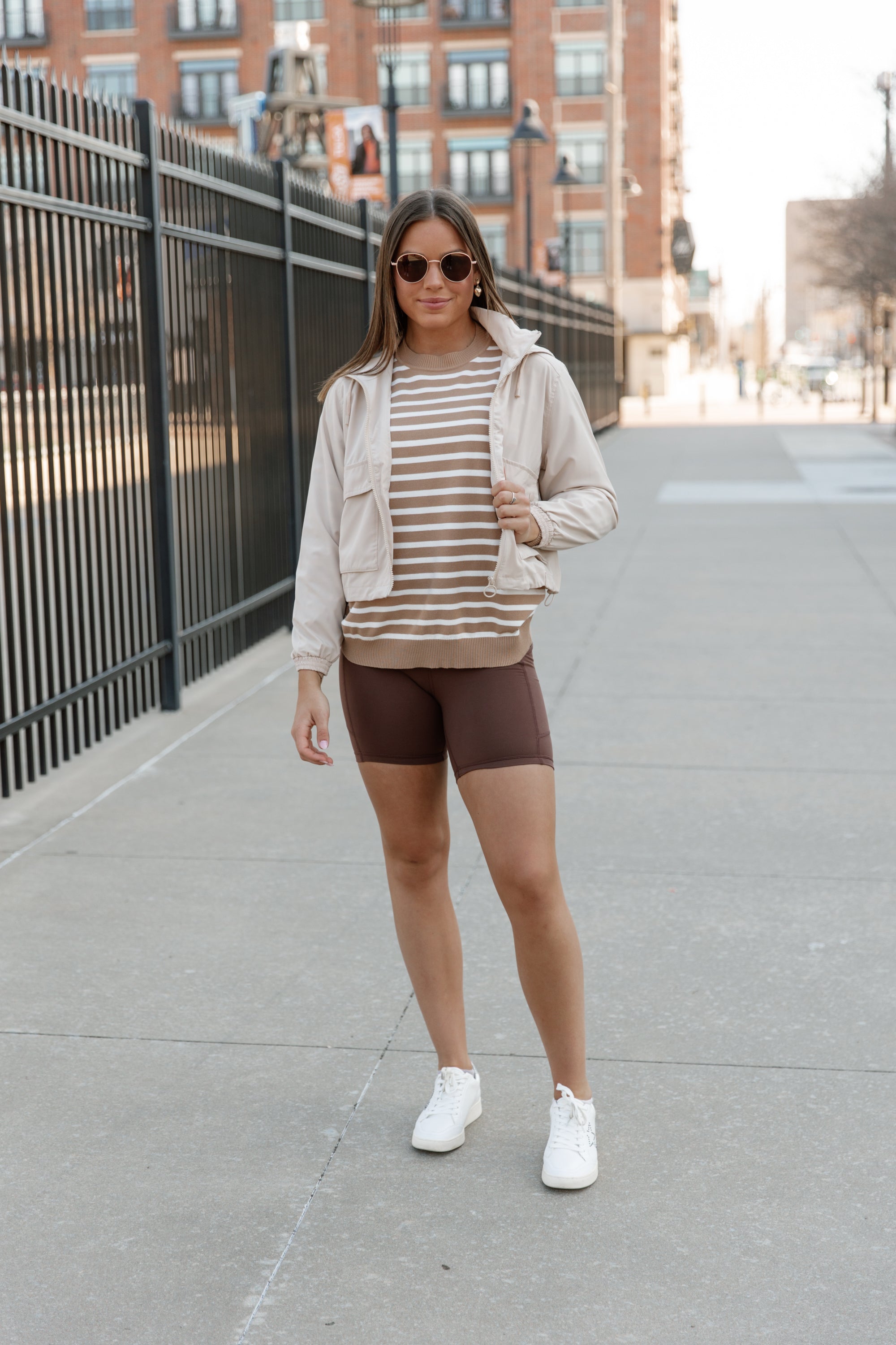 READY FOR ANYTHING STRIPE SWEATER IN TAUPE