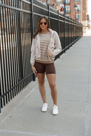 READY FOR ANYTHING STRIPE SWEATER IN TAUPE