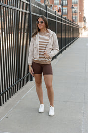 READY FOR ANYTHING STRIPE SWEATER IN TAUPE