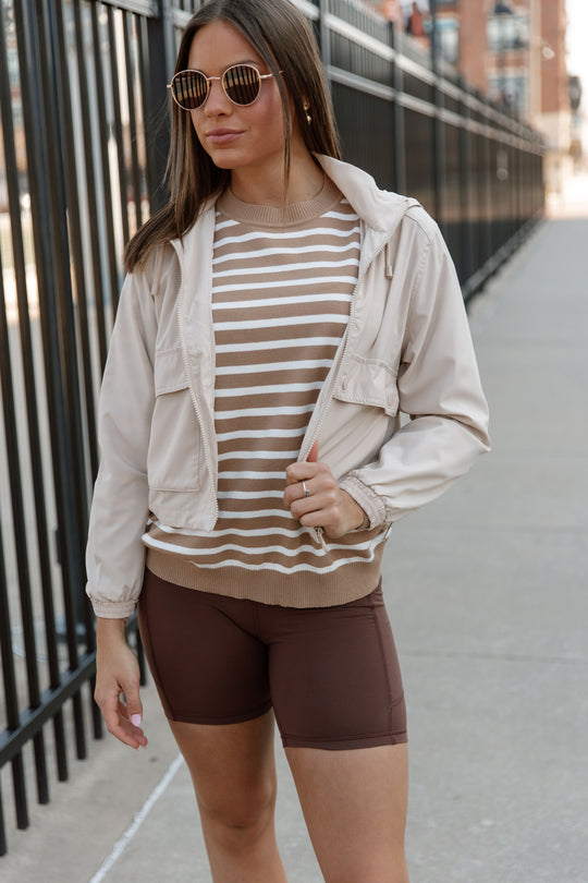 READY FOR ANYTHING STRIPE SWEATER IN TAUPE