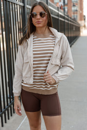 READY FOR ANYTHING STRIPE SWEATER IN TAUPE
