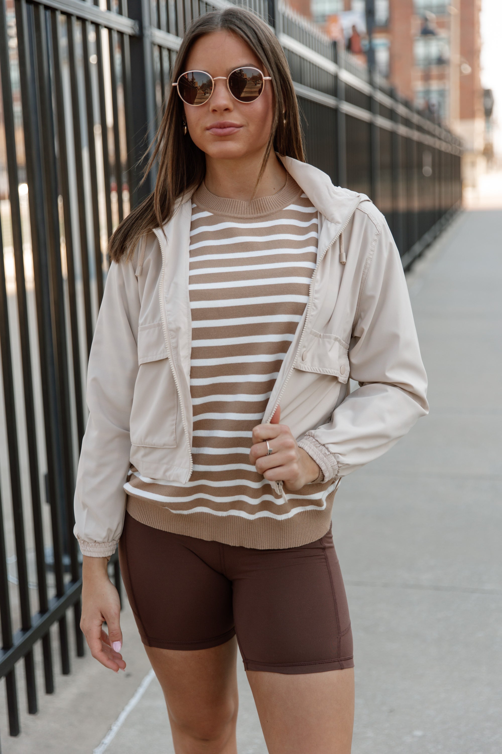 READY FOR ANYTHING STRIPE SWEATER IN TAUPE