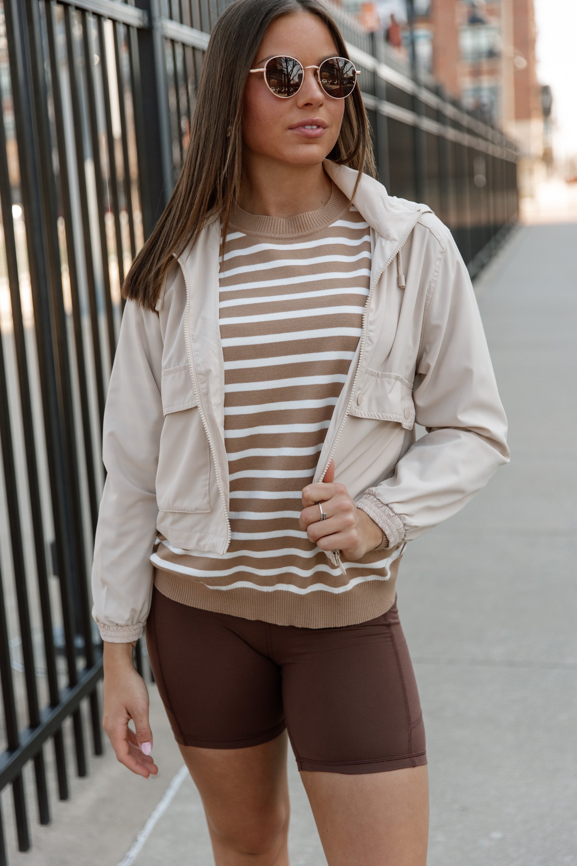 READY FOR ANYTHING STRIPE SWEATER IN TAUPE