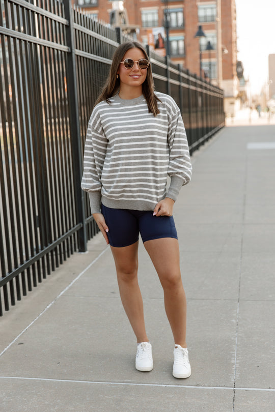 READY FOR ANYTHING STRIPE SWEATER IN GREY