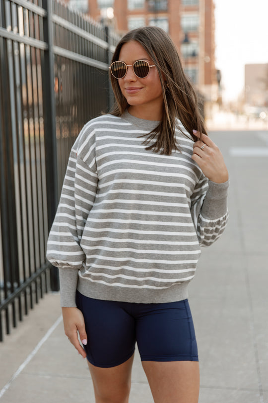 READY FOR ANYTHING STRIPE SWEATER IN GREY