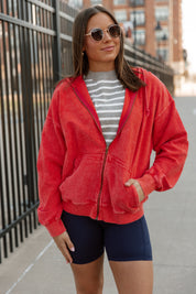 VINTAGE VIBE ZIP HOODIE IN RED