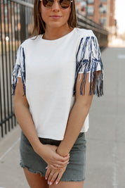 REBEL SEQUIN FRINGE SHORT SLEEVE BLOUSE