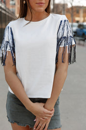 REBEL SEQUIN FRINGE SHORT SLEEVE BLOUSE