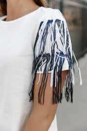 REBEL SEQUIN FRINGE SHORT SLEEVE BLOUSE
