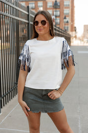 REBEL SEQUIN FRINGE SHORT SLEEVE BLOUSE